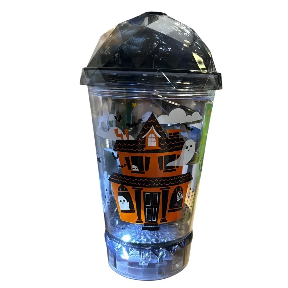 Halloween‎ Light Up Flashing Black & White Dome Tumbler Cup with Straw NEW